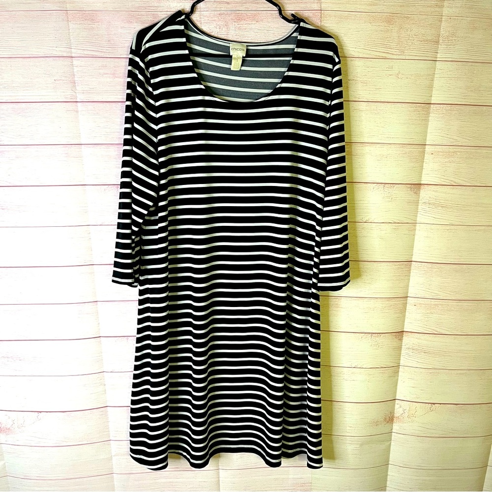 Chicos‎ Black White 3/4 Sleeves Knit Stretch Dress Size Chico’s 3 | XL/16